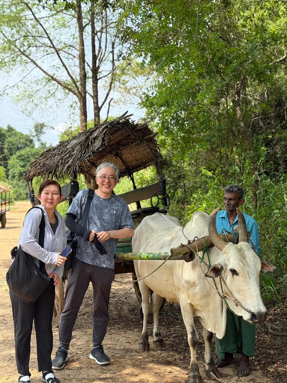 Travellers beside a traditional bullock cart with their local guide on a forest road