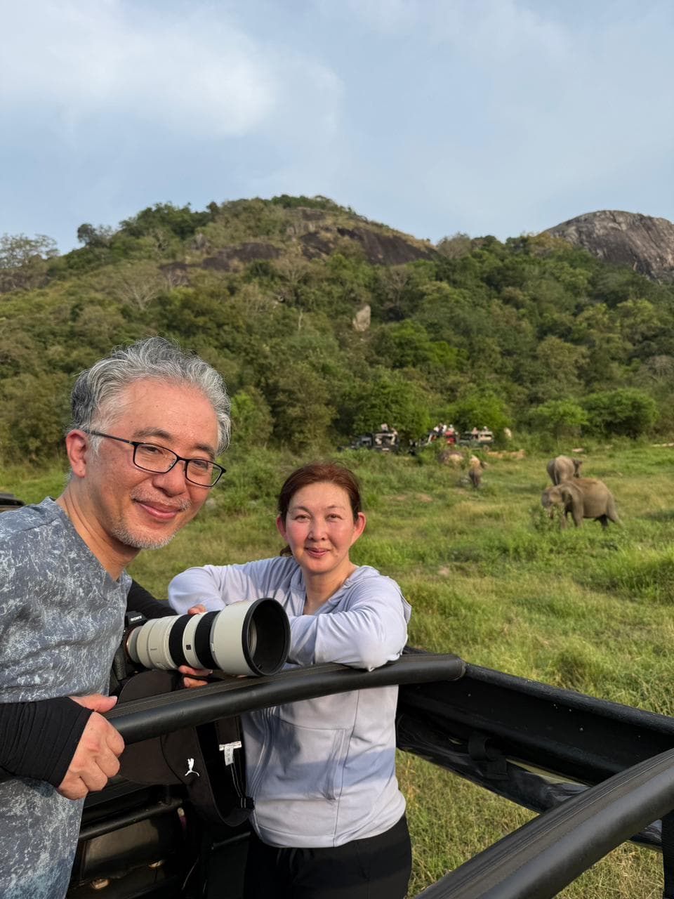 Travellers on a safari jeep with a wild elephant herd grazing in the distance, Sri Lanka